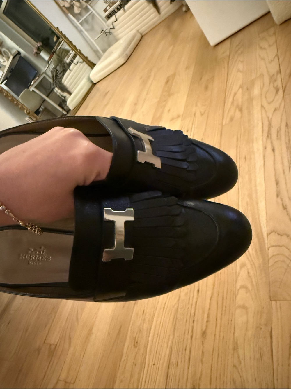 Hermes Black Leather Fringe Loafers with Silver Hardware - Picture 6 of 8